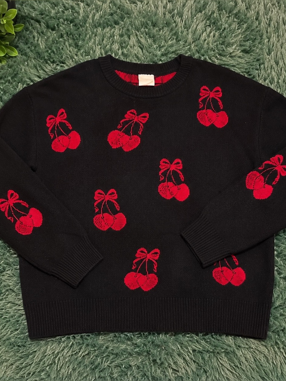 3/$25 ✨ Nikka K Cherry Sweater Black Red Bow Cherry Knit Pullover XL
